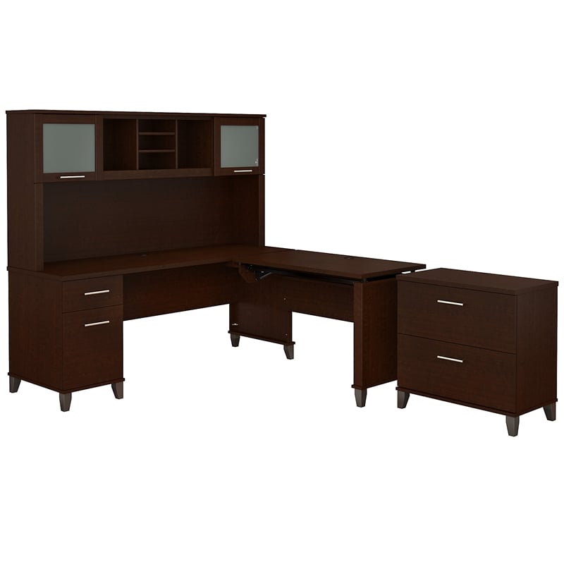 Bush Furniture Somerset Sit to Stand L Desk with Hutch and Cabinet in Cherry