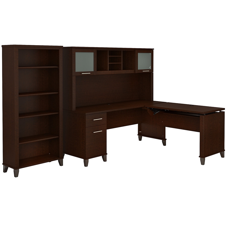 Bush Furniture Somerset Sit to Stand L Desk with Hutch and Bookcase in Cherry