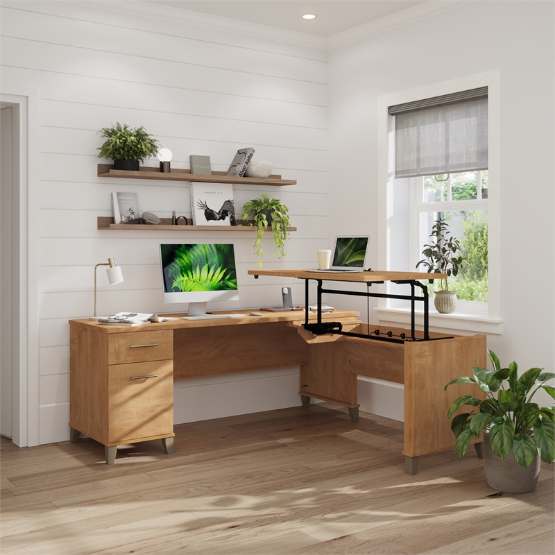 Somerset 72W 3 Position Sit to Stand L Desk in Maple Cross - Engineered Wood