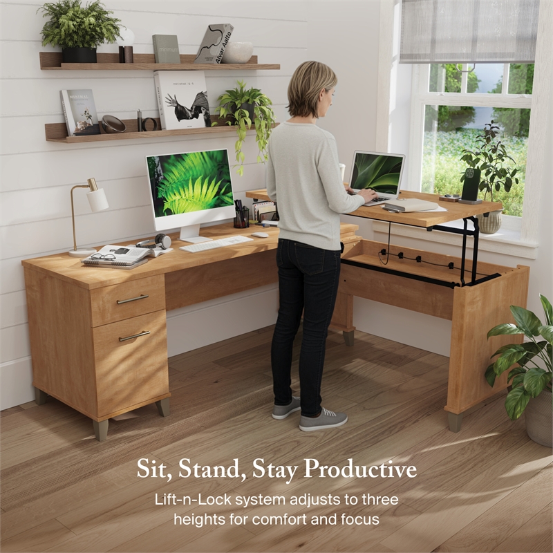 Somerset 72W 3 Position Sit to Stand L Desk in Maple Cross - Engineered Wood