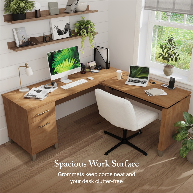 Somerset 72W 3 Position Sit to Stand L Desk in Maple Cross - Engineered Wood
