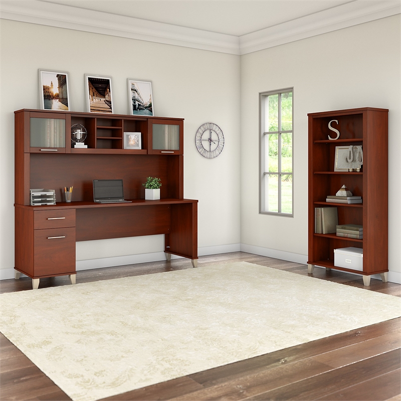 Bush Furniture Somerset 72W Desk with Hutch & Bookcase in Hansen Cherry