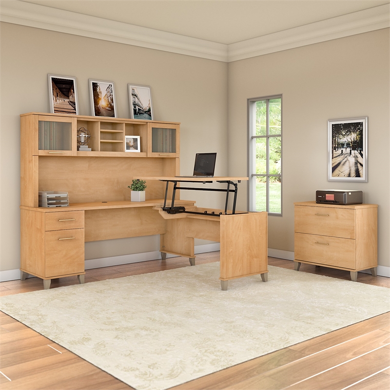 Bush Furniture Somerset Sit Stand L Desk with Hutch & Cabinet in Maple