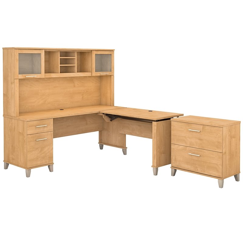 Bush Furniture Somerset Sit Stand L Desk with Hutch & Cabinet in Maple