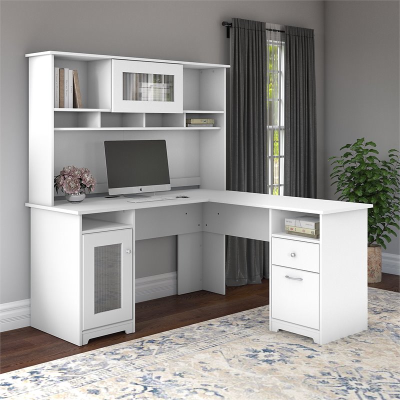 Bush Furniture Cabot 60W L Shaped Computer Desk with Hutch in White