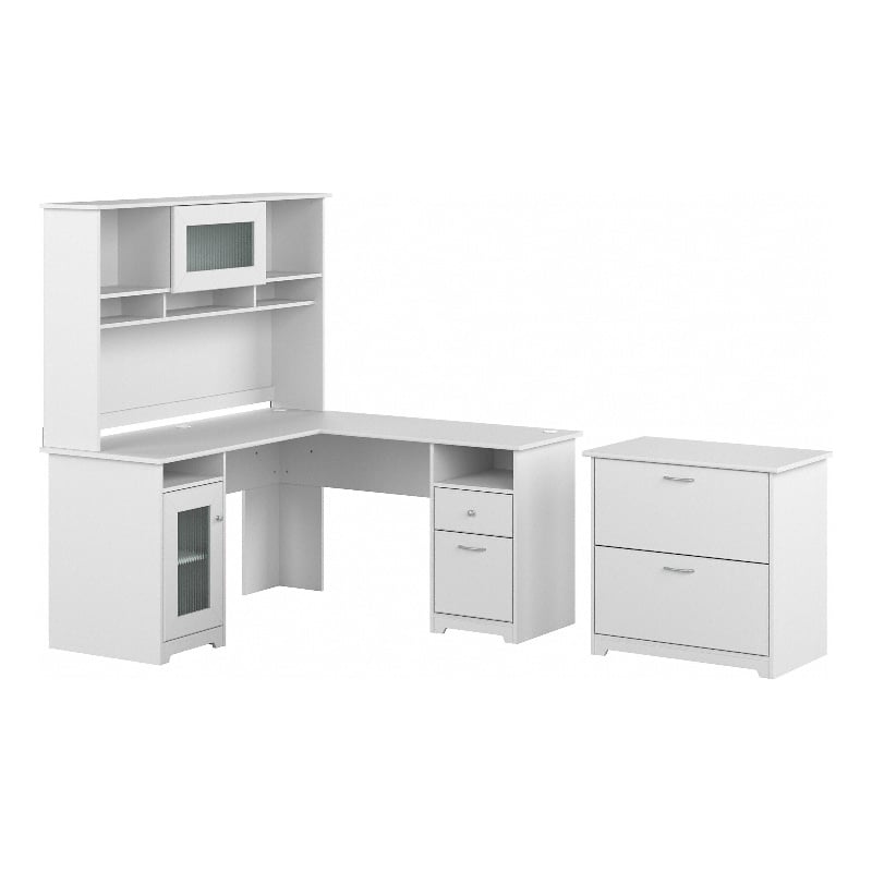 Cabot 60W L Desk with Hutch and Lateral File Cabinet in White - Engineered Wood