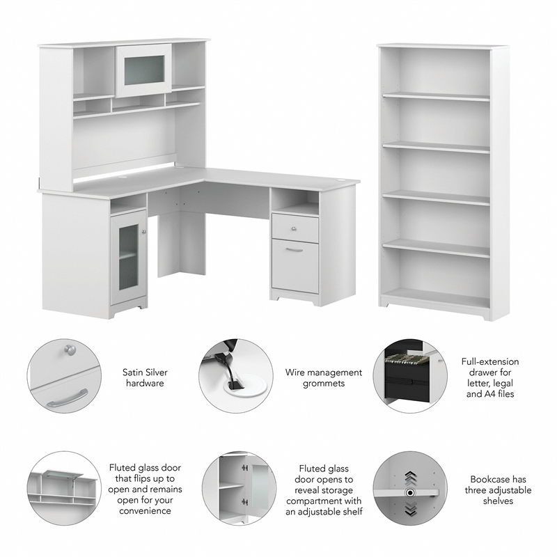 Cabot 60W L Desk with Hutch and 5 Shelf Bookcase in White - Engineered Wood