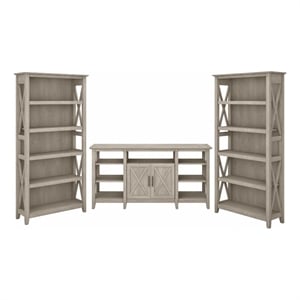 Bush Furniture Key West Tall TV Stand with Set of 2 Bookcases in Washed Gray
