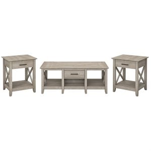 Bush Furniture Key West Coffee Table with Set of 2 End Tables in Washed Gray