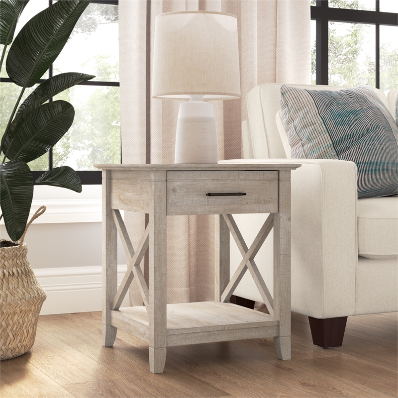 Bush Furniture Key West End Table with Storage in Washed Gray
