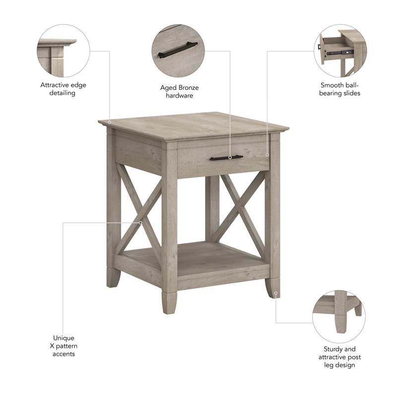 Bush Furniture Key West End Table with Storage in Washed Gray