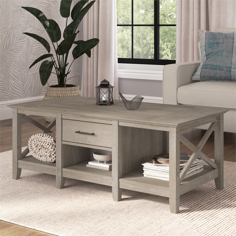 Key West Coffee Table with Storage in Washed Gray - Engineered Wood