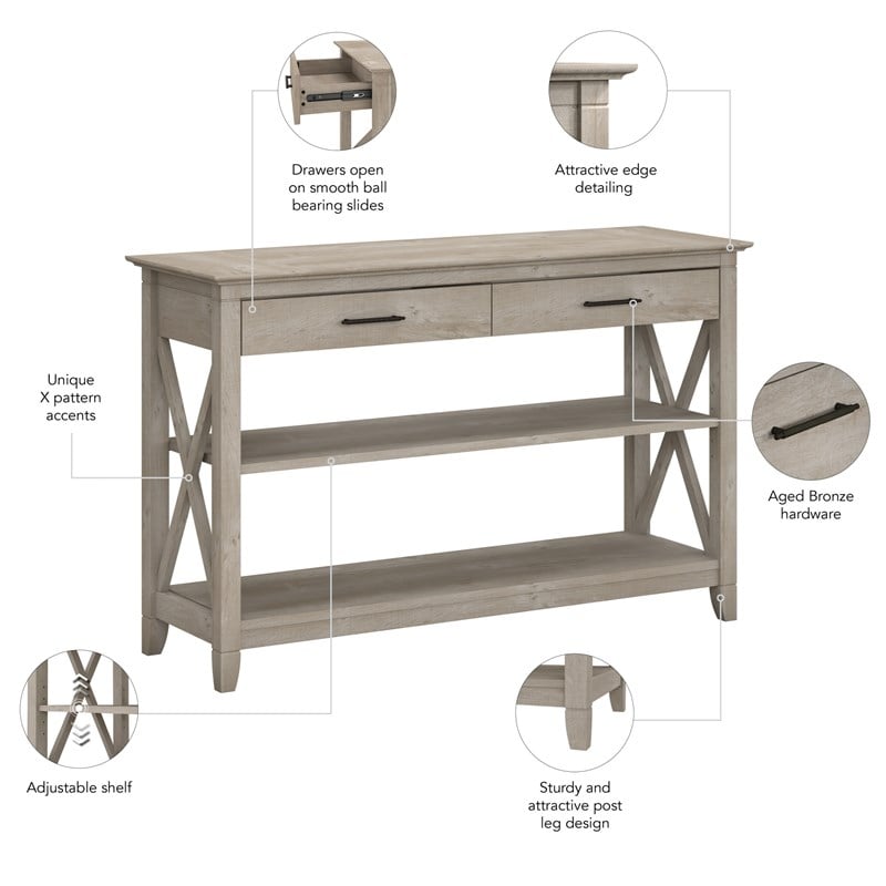 Bush Furniture Key West Console Table with Drawers & Shelves in Washed Gray