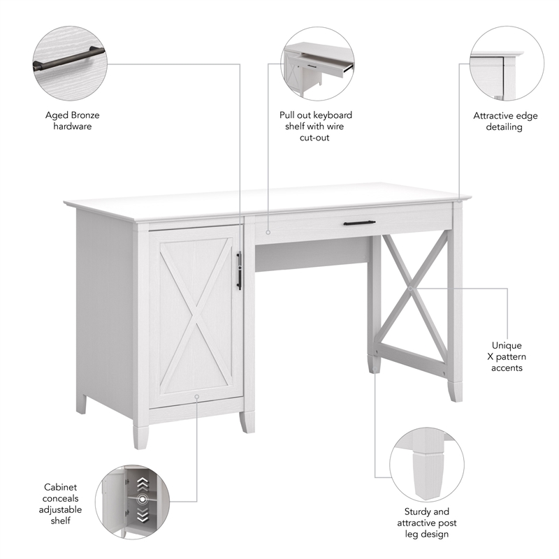 Bush Furniture Key West 54W Computer Desk with Storage in Pure White Oak