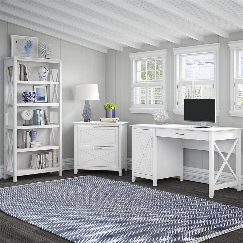 Bush Furniture Key West 54W Computer Desk with Lateral File Cabinet and Bookcase