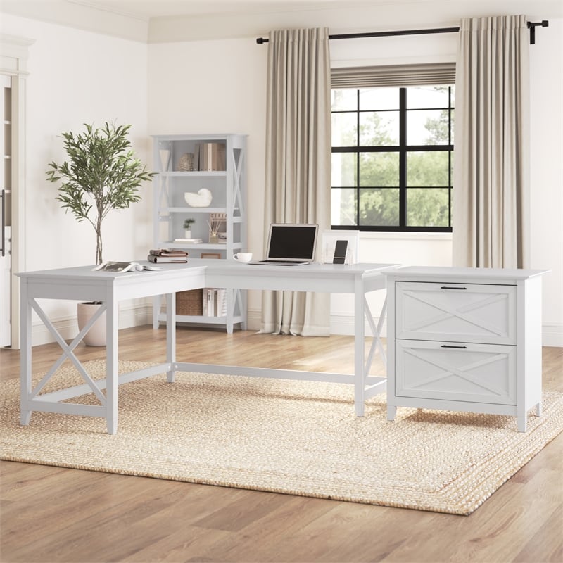 Bush Furniture Key West 60W L Shaped Desk with 2 Drawer File Cabinet