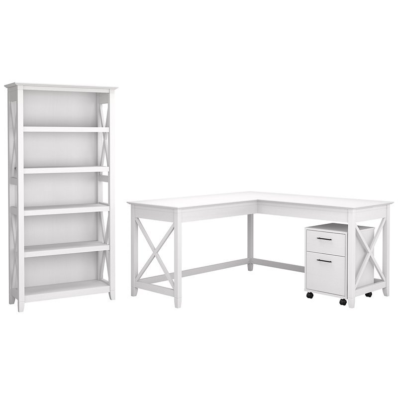 Bush Furniture Key West 60W L Shaped Desk with Mobile File Cabinet and Bookcase