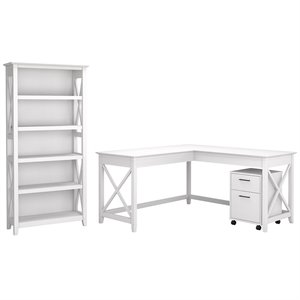 Bush Furniture Key West 60W L Shaped Desk with Mobile File Cabinet and Bookcase