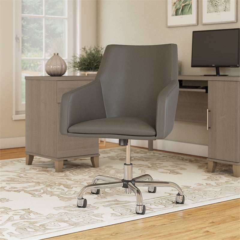 Bush Somerset Upholstered Faux Leather Box Chair with Mid Back in Washed Gray