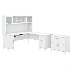 Somerset 72W L Shaped Desk with Hutch & File Cabinet in White - Engineered Wood