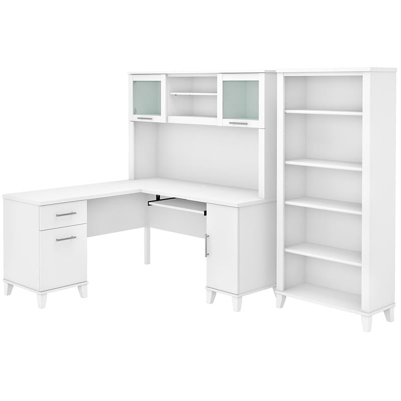 Somerset 60W L Shaped Desk with Hutch and Bookcase in White - Engineered Wood
