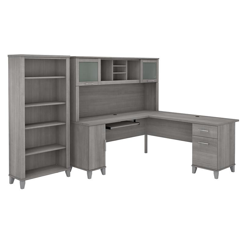 Somerset 72W L Shaped Desk with Hutch and Bookcase in Gray - Engineered Wood