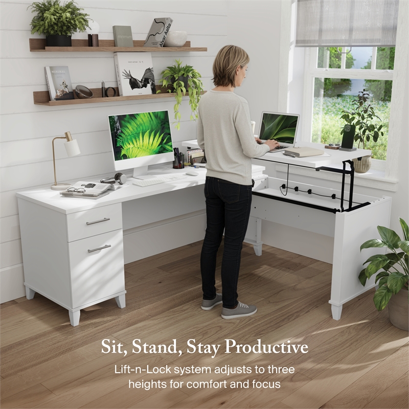 Somerset 72W 3 Position Sit to Stand L Shaped Desk in White - Engineered Wood