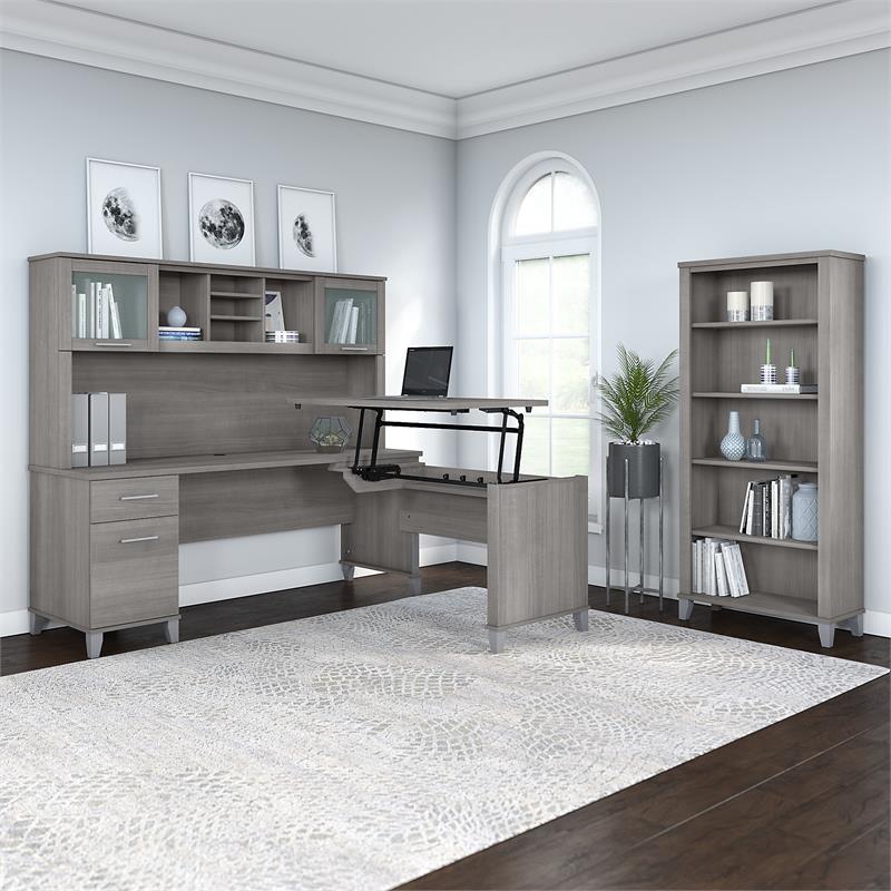 Somerset Sit to Stand L Desk with Hutch and Bookcase in Gray - Engineered Wood