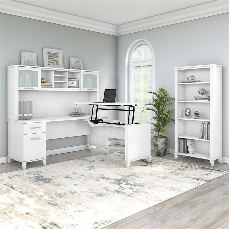 Somerset Sit to Stand L Desk with Hutch and Bookcase in White - Engineered Wood