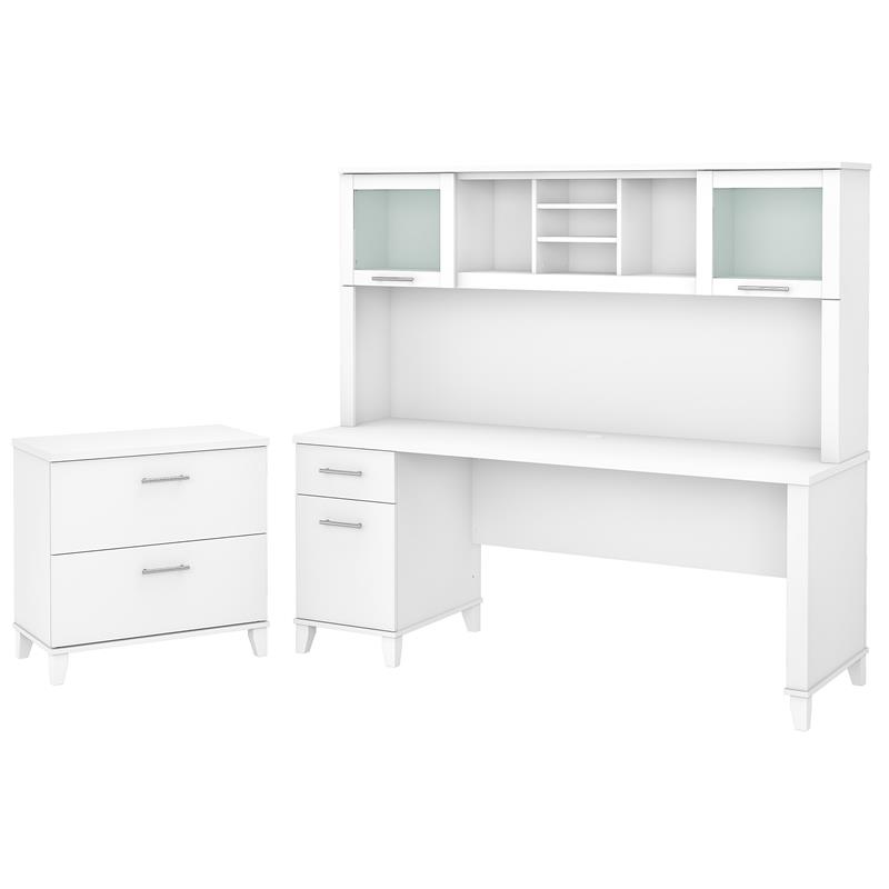 Somerset 72W Office Desk with Hutch and File Cabinet in White - Engineered Wood