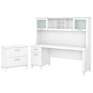 Somerset 72W Office Desk with Hutch and File Cabinet in White - Engineered Wood