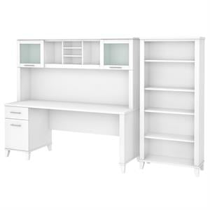 Somerset 72W Desk with Hutch and Bookcase in White - Engineered Wood