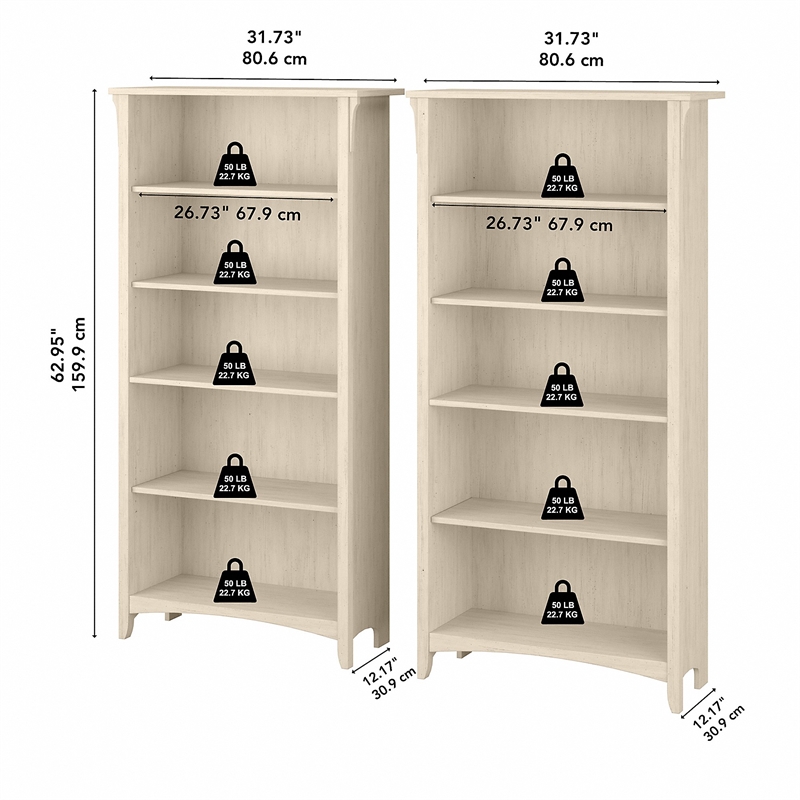 Salinas Tall 5 Shelf Bookcase - Set of 2 in Antique White - Engineered Wood