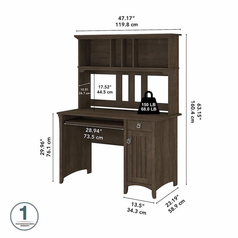 Salinas Small Computer Desk with Hutch in Ash Brown - Engineered Wood
