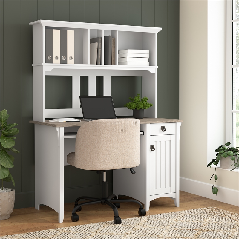 Salinas Small Computer Desk with Hutch in White and Gray - Engineered Wood
