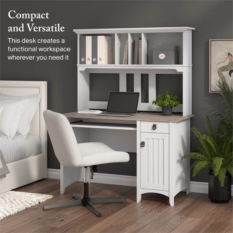 Salinas Small Computer Desk with Hutch in White and Gray - Engineered Wood