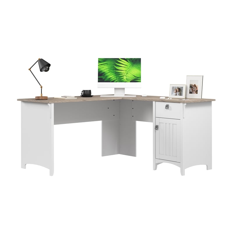 Salinas 60W L Shaped Desk with Storage in White and Gray - Engineered Wood