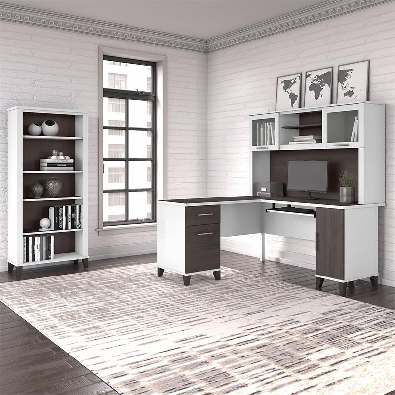 Somerset 60W L Desk with Hutch and Bookcase in White/Gray - Engineered Wood
