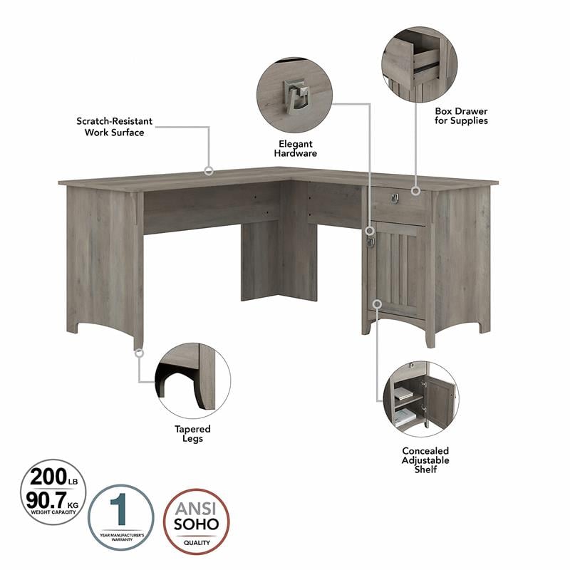 Salinas 60W L Shaped Desk with Hutch in Driftwood Gray - Engineered Wood