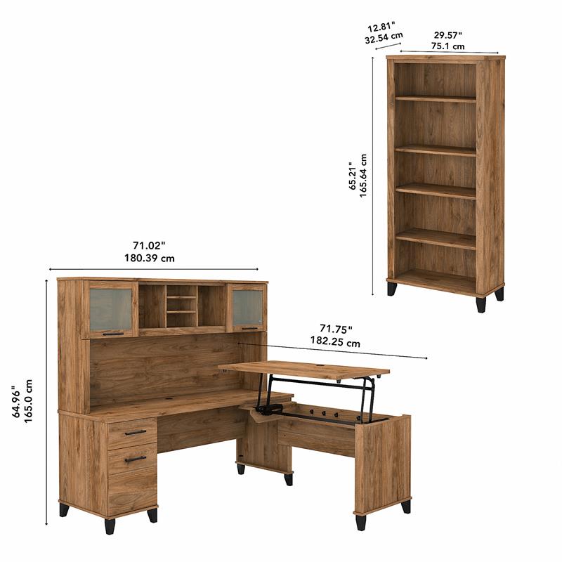 Somerset Sit to Stand L Desk Set with Bookcase in Fresh Walnut - Engineered Wood