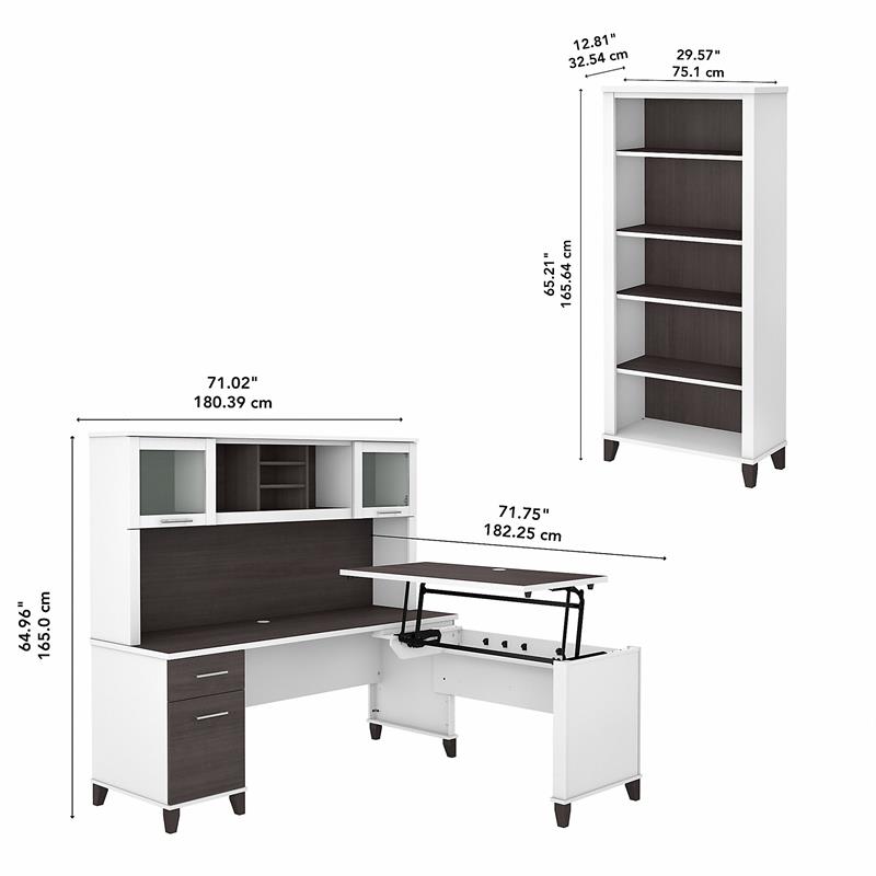 Somerset Sit to Stand L Desk Set with Bookcase in White/Gray - Engineered Wood