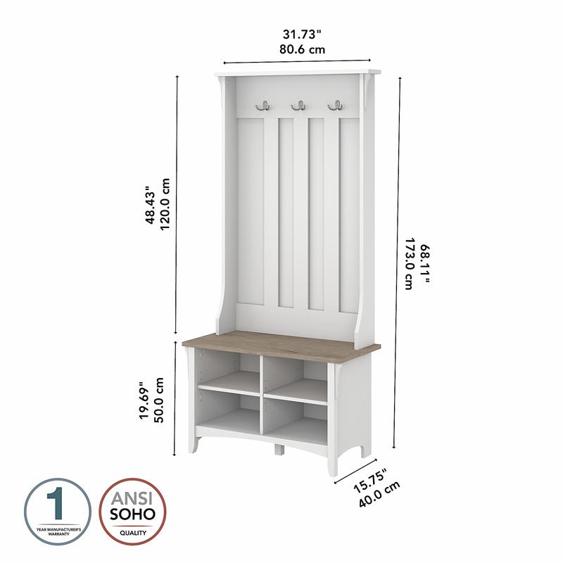 Bush Furniture Salinas Hall Tree with Shoe Storage Bench in White/Shiplap