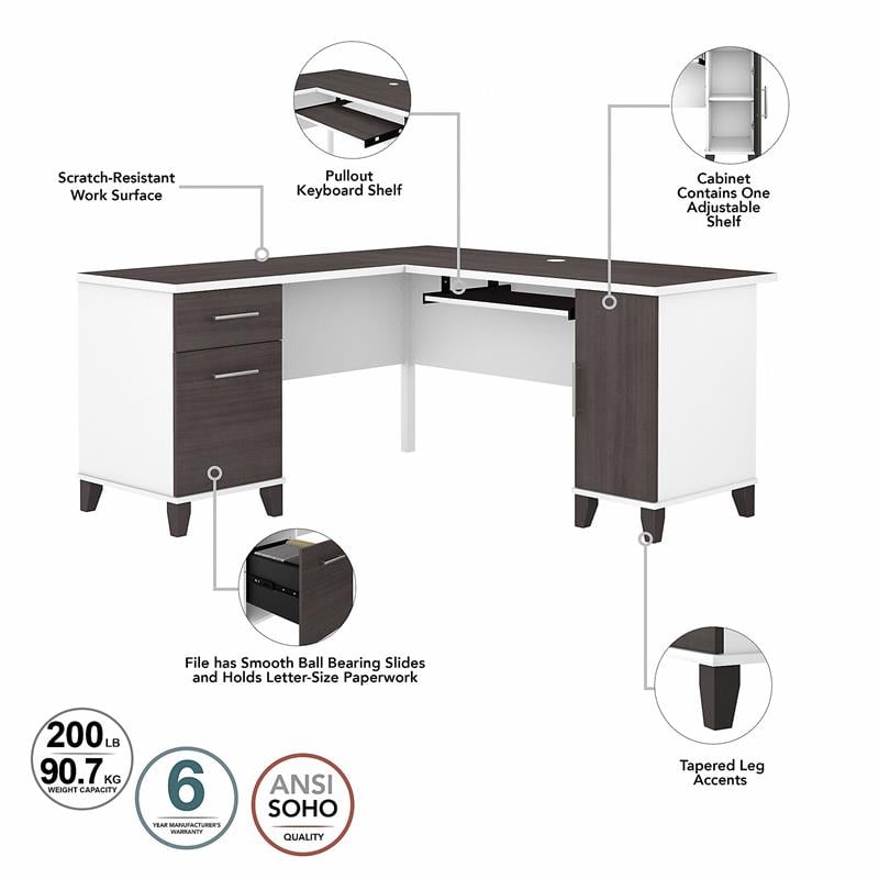 Somerset 60W L Shaped Desk with Storage - Engineered Wood