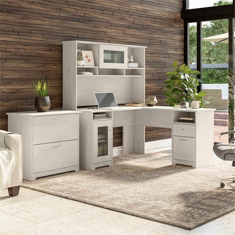 Cabot L Desk with Hutch and File Cabinet in Linen White Oak - Engineered Wood