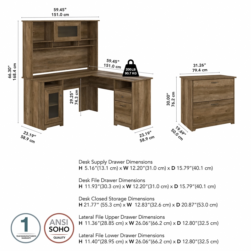 Bush Furniture Cabot L Desk with Hutch & File Cabinet in Reclaimed Pine