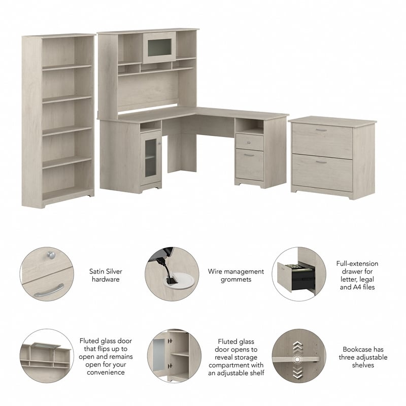 Cabot L Shaped Desk with Hutch and Storage in Linen White Oak - Engineered Wood