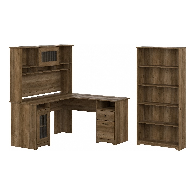 Cabot L Shaped Desk with Hutch and Bookcase in Reclaimed Pine - Engineered Wood