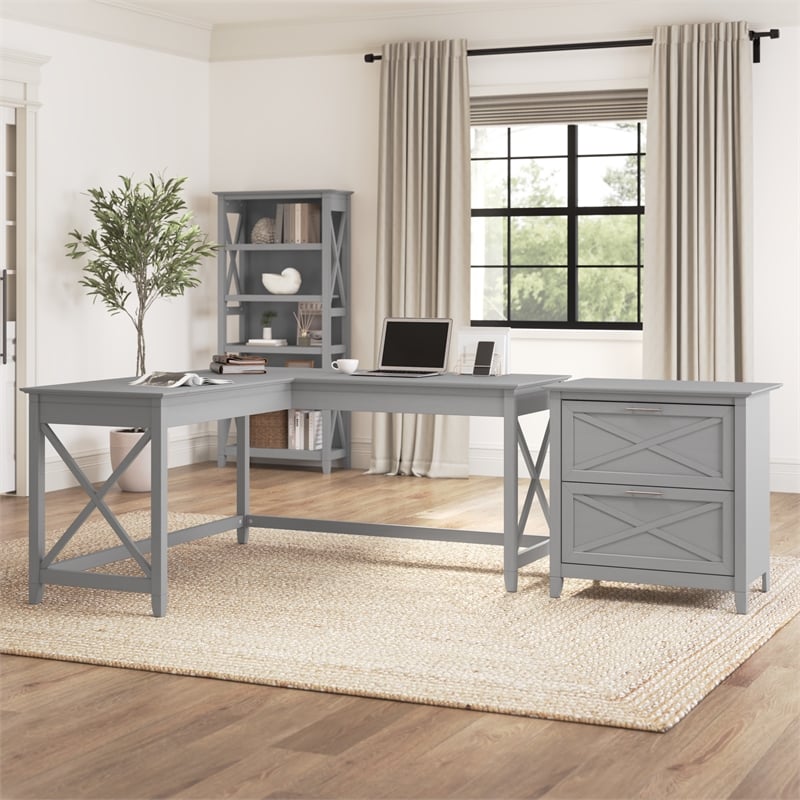 Key West L Desk with Lateral File Cabinet in Cape Cod Gray - Engineered Wood