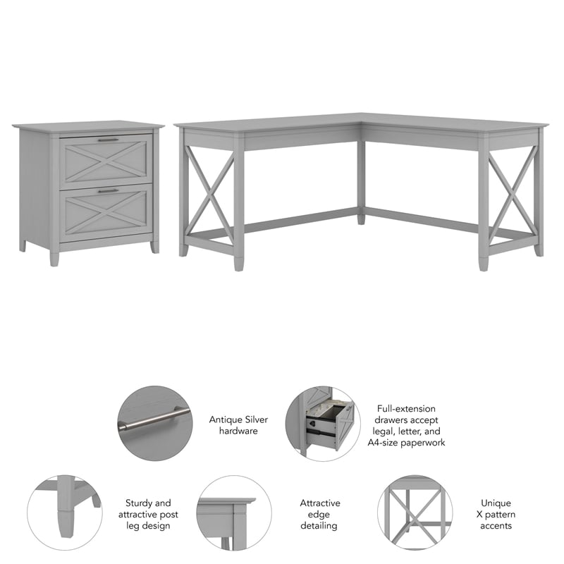 Key West L Desk with Lateral File Cabinet in Cape Cod Gray - Engineered Wood