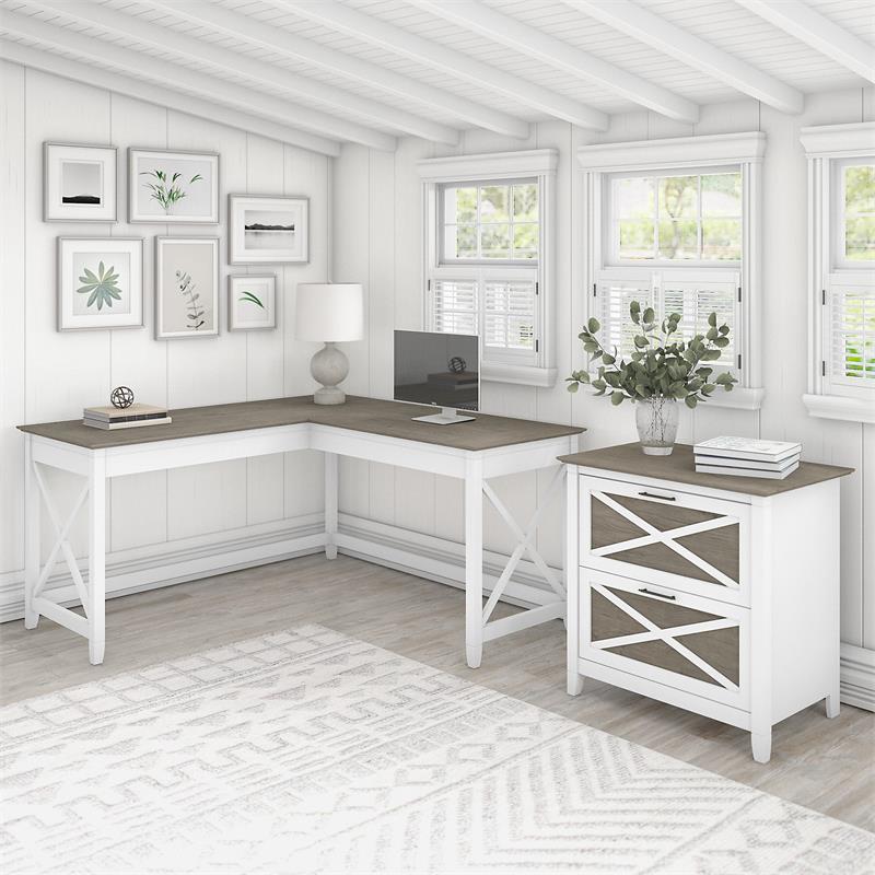 Key West L Desk with Lateral File Cabinet in White and Gray - Engineered Wood